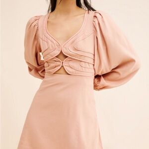Farm Rio Anthropologie cut out puff sleeve peach dress